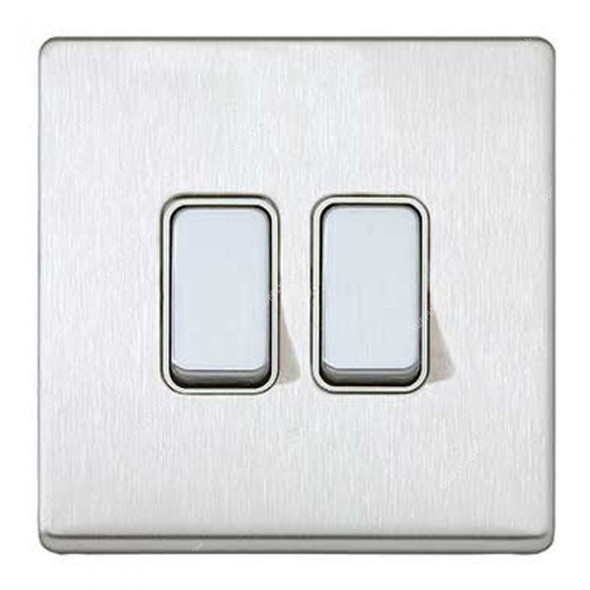 Mk Single Pole Electrical Plate Switch, K24372BSSB, Aspect, 2 Gang, 2 Way, 20A, Brushed Stainless Steel