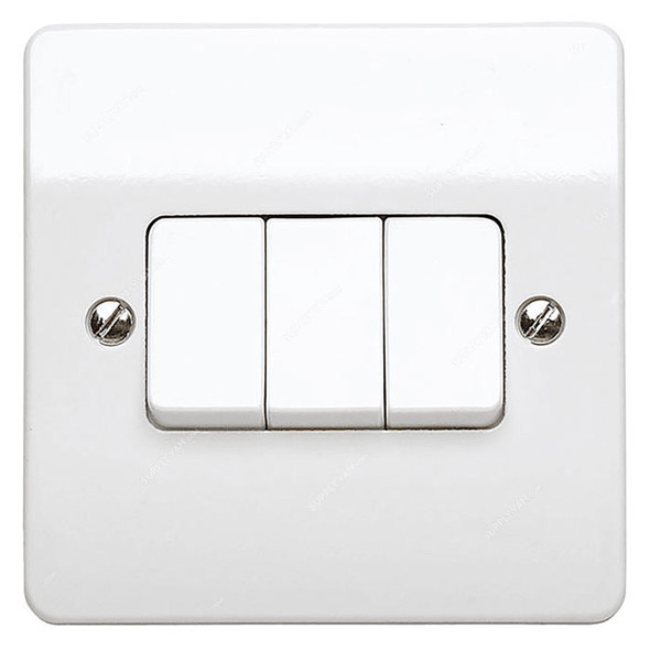 Mk Single Pole Wide Rocker Switch, MV4789WHI, Essential, Polycarbonate, 3 Gang, 2 Way, 20AX, White