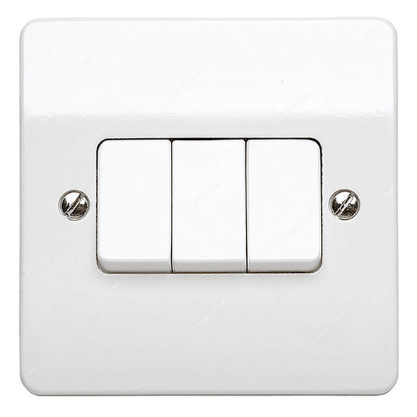 Mk Single Pole Wide Rocker Switch, MV4789W1WHI, Essential, Polycarbonate, 3 Gang, 1 Way, 20AX, White