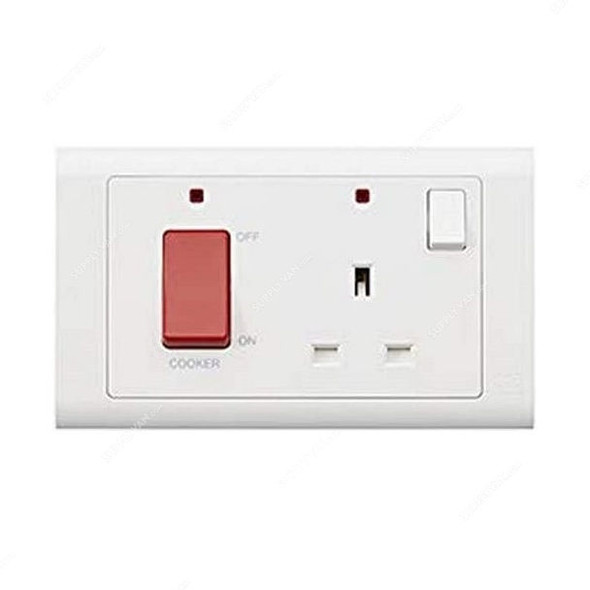 Mk DP Cooker Switched Socket Outlet With Neon, MV5061WHI, Essential, Polycarbonate, 2 Gang, 45A/13A, White