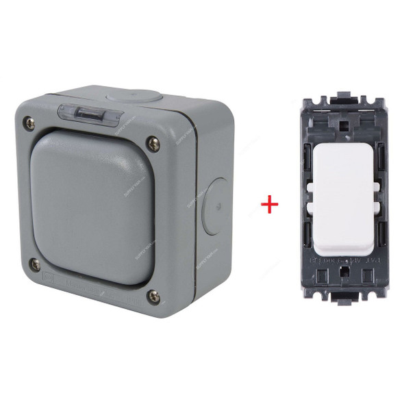 Mk Waterproof Switch Enclosure With Grid Switch, K56420GRY+MS56896BLK, Masterseal Plus, Polycarbonate, IP66, 1 Gang, Grey, 2 Pcs/Set