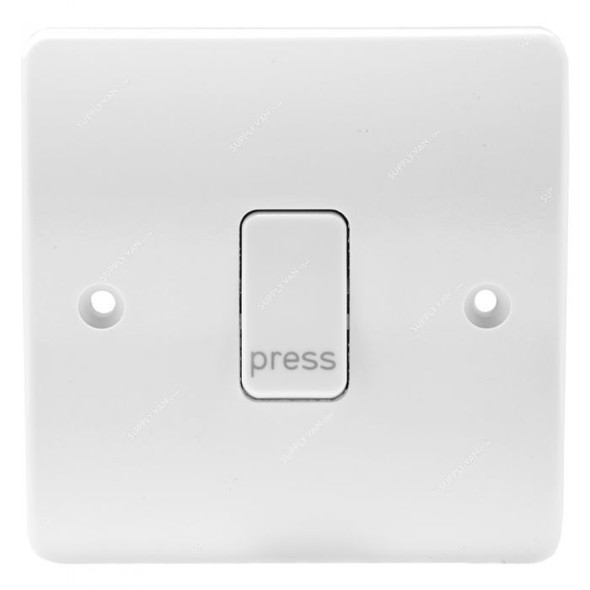 Mk Single Pole Push Button Switch With Press Mark, K4878PWHI, Logic Plus, Thermoset Plastic, IP2XD, 1 Gang, 10A, White