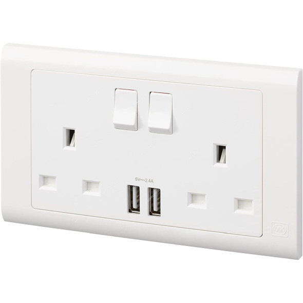 Mk Dual Pole Switch Socket With 2.4A USB Port, MV24344WHI, Essential, Polycarbonate, 2 Gang, 13A, White