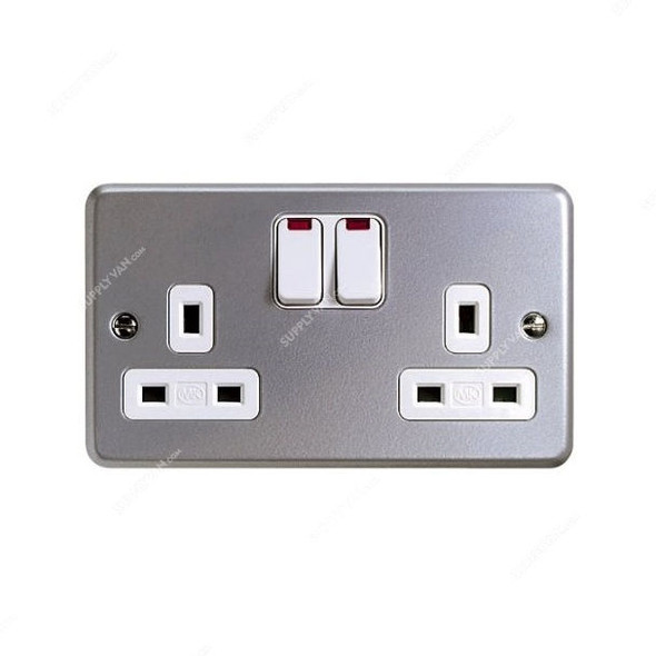 Mk DP Switch Socket Outlet With Neon, K2446ALM, Metalclad Plus, IP4X, 2 Gang, 2 Way. 13A, Aluminium