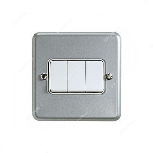 Mk Single Pole Electrical Plate Switch, K3593ALM, Metalclad Plus, IP2X, 3 Gang, 2 Way, 10A, Aluminium