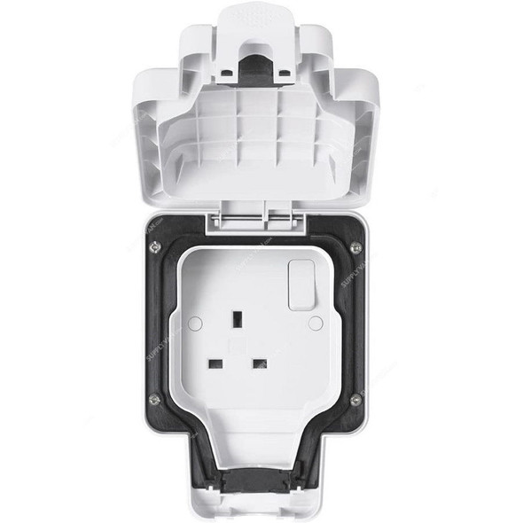Mk Dual Pole Waterproof Switched Socket, K56486WHI, Masterseal Plus, Polycarbonate, IP66, 1 Gang, 13A, White