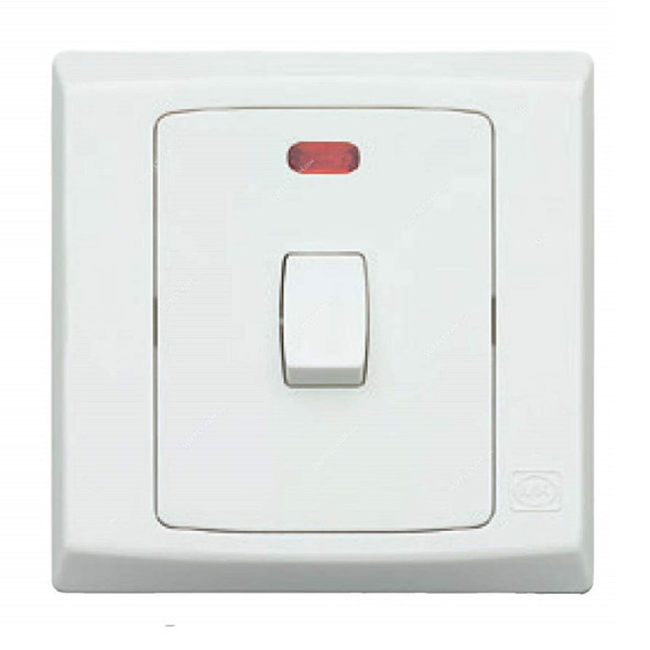 Mk DP Switch With Neon, S5423WHI, Slim Line Plus, Polycarbonate, 1 Gang, 20A, White