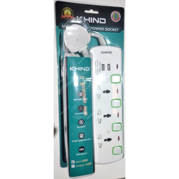 Khind Universal Extension Socket With 2 USB Slot And Neon, EM8133MU5M, 3 Way, 13A, 5 Mtrs Cable Length, White/Green