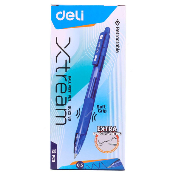 Deli Ball Point Pen With Low Viscosity Ink, EQ02230, 0.5MM, Blue, 12 Pcs/Pack