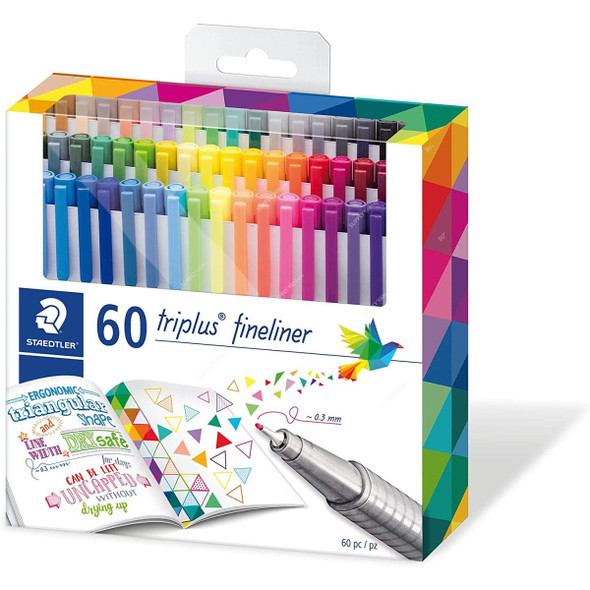 Staedtler Fineliner Pen Set, ST-334-C60, Triplus, 0.3MM Tip, Assorted Colors, 60 Pcs/Set