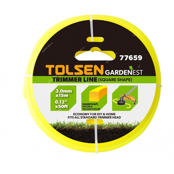 Tolsen Square Shape Trimmer Line, 77659, Nylon 6, 3MM Dia x 15 Mtrs Length, Yellow