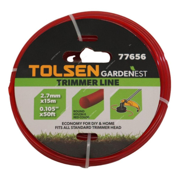 Tolsen Round Shape Trimmer Line, 77656, Nylon 6, 2.7MM Dia x 15 Mtrs Length, Red
