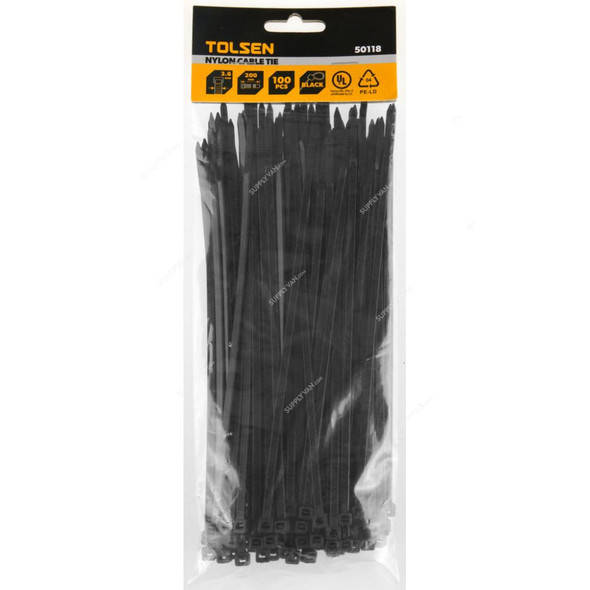 Tolsen Nylon Cable Tie, 50161, 2.5MM Width x 200MM Length, Black, 100 Pcs/Pack