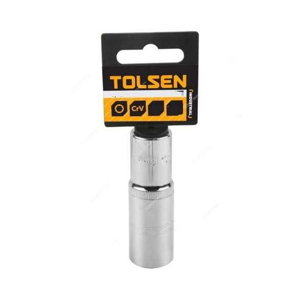Tolsen Deep Socket, 16369, Chrome Vanadium Steel, 6 Point, 3/8 Inch Drive Size, 19MM