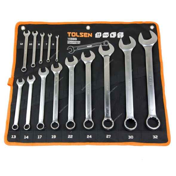 Tolsen Combination Spanner Set, 15889, Chrome Vanadium Steel, 14 Pcs/Set