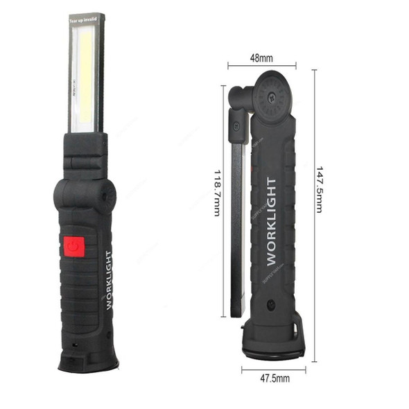 COB Flashlight Torch, 5 Modes, USB, Black