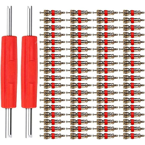 Valve Core Removal Tool Kit With 100Pcs Replacement Schrader Valve, Nickel Plated, Red, 102 Pcs/Kit