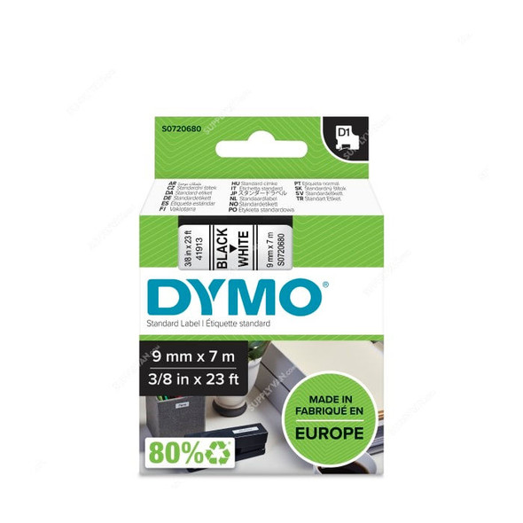 Dymo D1 Label Printer Tape, S0720680, 9MM Width x 7 Mtrs Length, Black On White