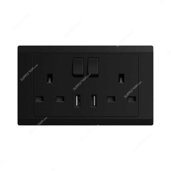 Abb Double Pole Switch Socket With USB, BL262-885, Inora, 2 Gang, 13A, Starry Black