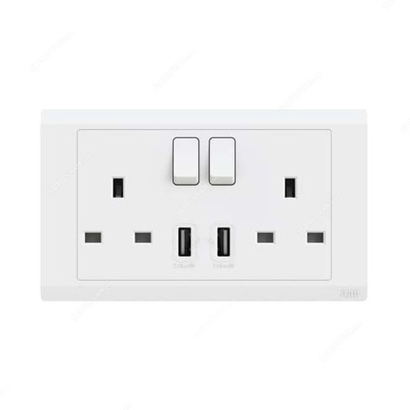 Abb Double Pole Switch Socket With USB, BL262, Inora, 2 Gang, 13A, White