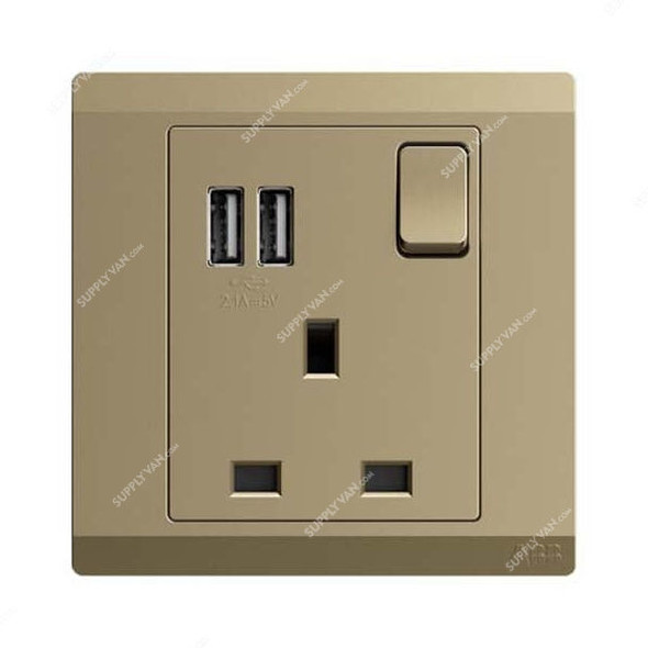 Abb Double Pole Switch Socket With USB, BL261-PG, Inora, 1 Gang, 13A, Royal Gold