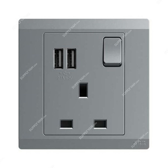 Abb Double Pole Switch Socket With USB, BL261-G, Inora, 1 Gang, 13A, Classic Grey