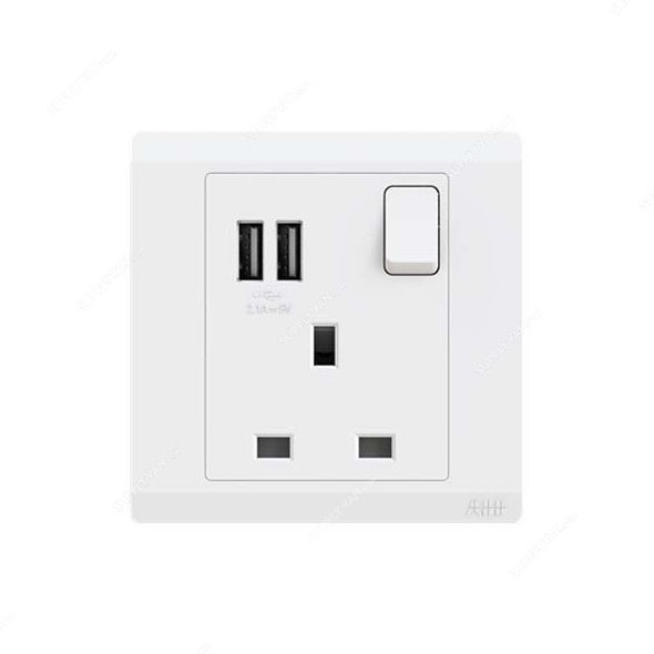 Abb Double Pole Switch Socket With USB, BL261, Inora, 1 Gang, 13A, White