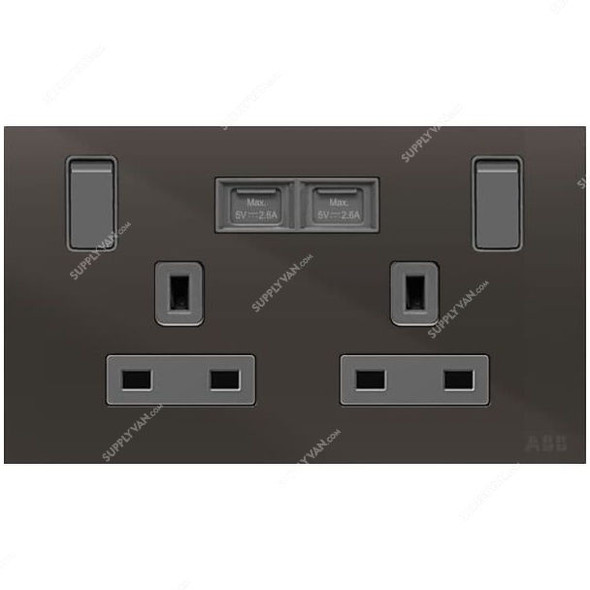 ABB Single Pole Switched Socket With USB Charger, AM235147-BG, Millenium, 2 Gang, 13A, Black Glass