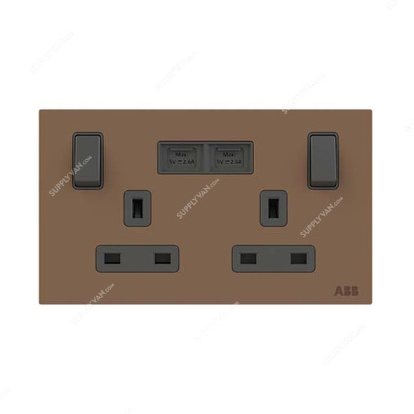 ABB Single Pole Switched Socket With USB Charger, AM235147-MO, Millenium, 2 Gang, 13A, Mocha Brown
