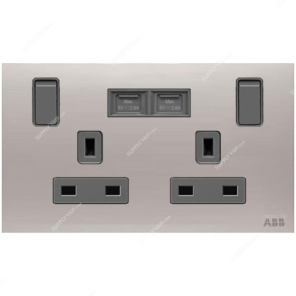 ABB Single Pole Switched Socket With USB Charger, AM235147-ST, Millenium, 2 Gang, 13A, Stainless Steel