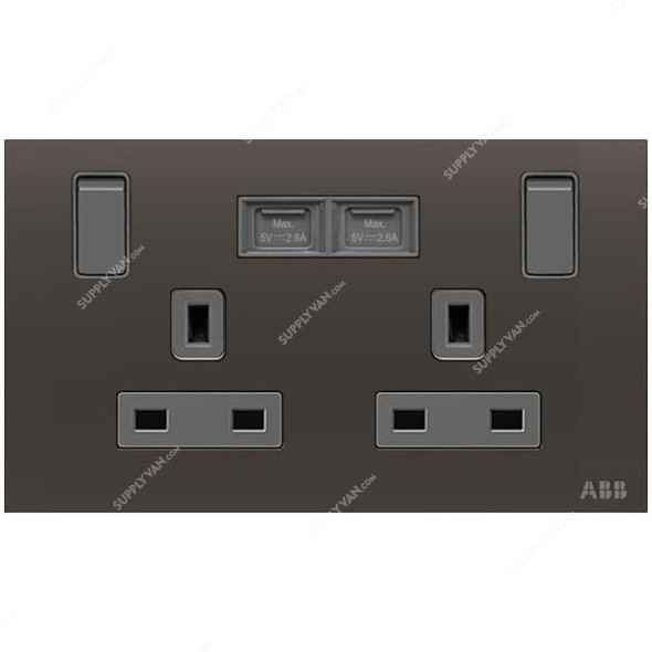 ABB Single Pole Switched Socket With USB Charger, AM235147-SB, Millenium, 2 Gang, 13A, Silk Black