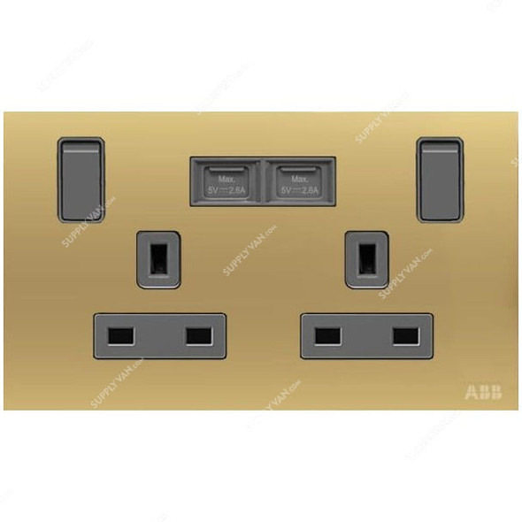 ABB Single Pole Switched Socket With USB Charger, AM235147-MG, Millenium, 2 Gang, 13A, Matt Gold