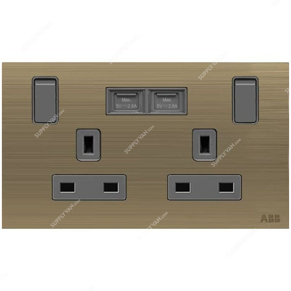 ABB Single Pole Switched Socket With USB Charger, AM235147-AG, Millenium, 2 Gang, 13A, Antique Gold
