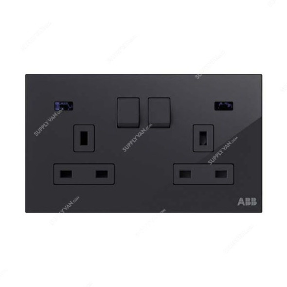 ABB Double Pole Switched Socket With LED, AM240147-BG, Millenium, 2 Gang, 13A, Black Glass
