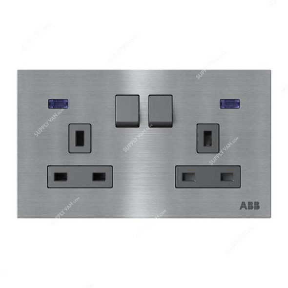 ABB Double Pole Switched Socket With LED, AM240147-ST, Millenium, 2 Gang, 13A, Stainless Steel