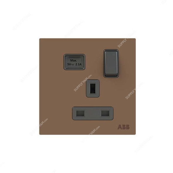 ABB Single Pole Switched Socket With USB Charger, AM23586-MO, Millenium, 1 Gang, 13A, Mocha Brown