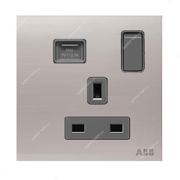 ABB Single Pole Switched Socket With USB Charger, AM23586-ST, Millenium, 1 Gang, 13A, Stainless Steel