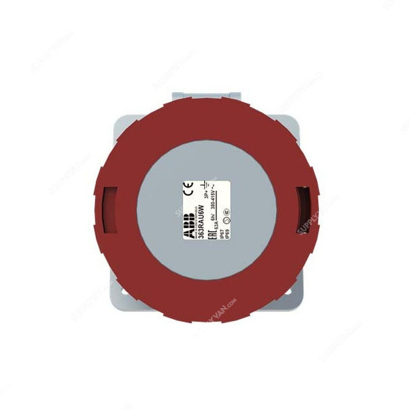 Abb Straight Flange Panel Mounted Socket Inlet, 363RAU6W, 200-250V, IP44, 63A, 2P+E, Red