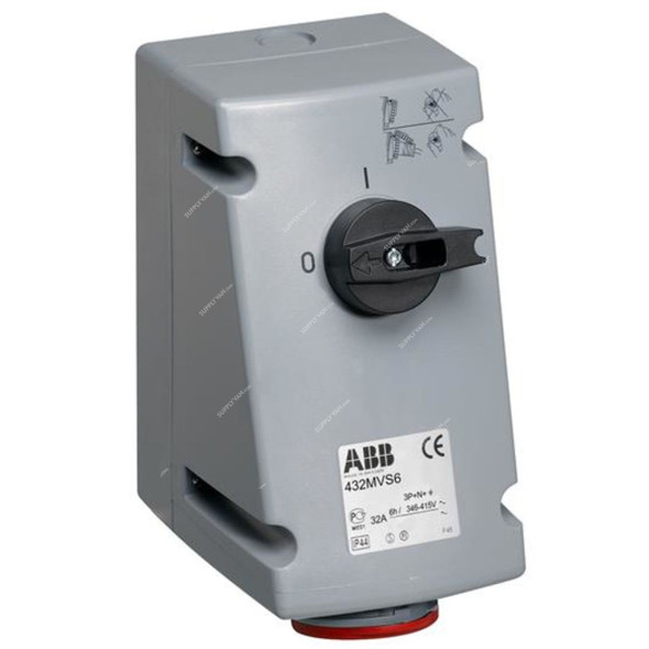Abb Vertical Switched Interlocked Socket Outlet, 432MVS6, 346-415V, IP44, 32A, 3P+N+E, Red