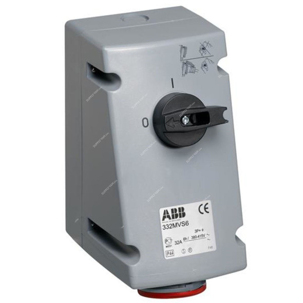 Abb Vertical Switched Interlocked Socket, 332MVS6, 380-415V, IP44, 32A, Red/Grey