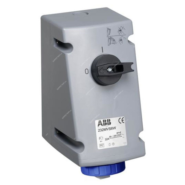 Abb Vertical Switched Interlocked Socket, 232MVS6W, 200-250V, IP67, 32A, Blue/Grey