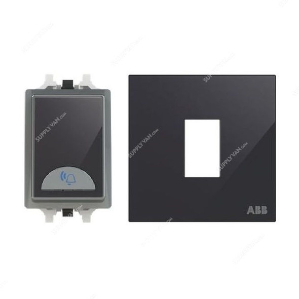 ABB Push Button Switch With Bell and Rocker Switch Frame, AMD42920-BG+AMD5120-BG, 1 Gang, 1 Way, 10A, Black Glass