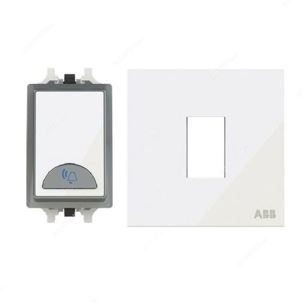 ABB Push Button Switch With Bell and Rocker Switch Frame, AMD42920-WG+AMD5120-WG, 1 Gang, 1 Way, 10A, White Glass