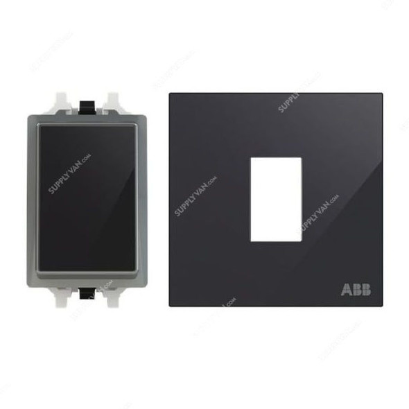 ABB Push Button Switch With Rocker Switch Frame, AMD43020-BG+AMD5120-BG, 1 Gang, 1 Way, 10A, Black Glass