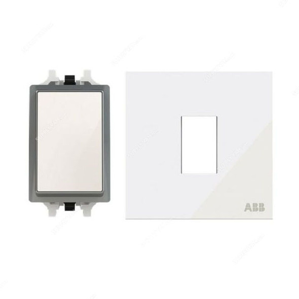 ABB Push Button Switch With Rocker Switch Frame, AMD43020-WG+AMD5120-WG, 1 Gang, 1 Way, 10A, White Glass