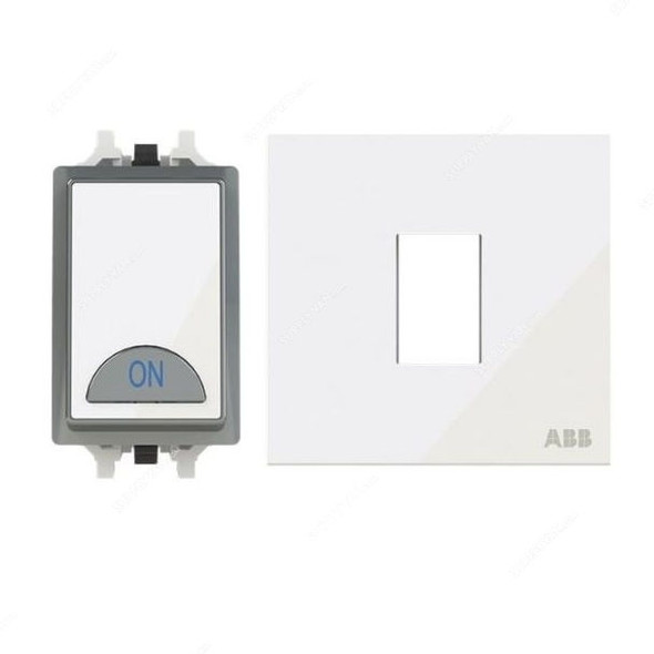 ABB Electrical Switch With LED and Rocker Switch Frame, AMD11120-WG+AMD5120-WG, Millenium, 1 Gang, 1 Way, 20A, White Glass