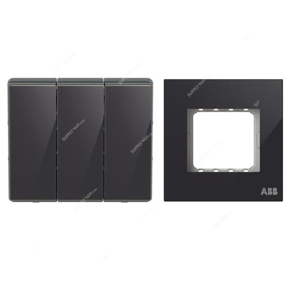 ABB Electrical Switch With Triple Rocker Frame, AMD12153-BG+AMD5153-BG, Millenium, 3 Gang, 2 Way, 16A, Black Glass