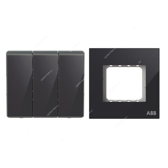 ABB Electrical Switch With Triple Rocker Frame, AMD10753-BG+AMD5153-BG, Millenium, 3 Gang, 2 Way, 10A, Black Glass