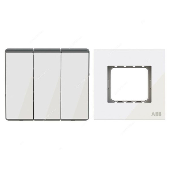 ABB Electrical Switch With Triple Rocker Frame, AMD10753-WG+AMD5153-WG, Millenium, 3 Gang, 2 Way, 10A, White Glass