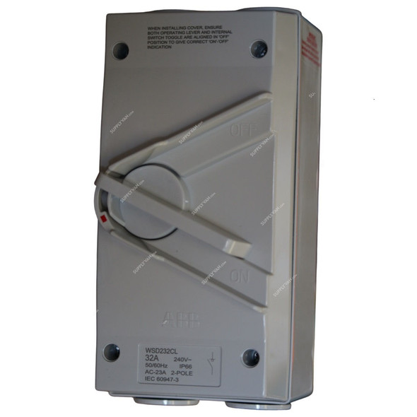 Abb Weatherproof Switch Isolator, WSD232CL, IP66, 2 Pole, 32A